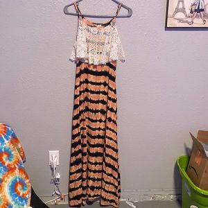 navy blue, pink, and tan striped maxi dress